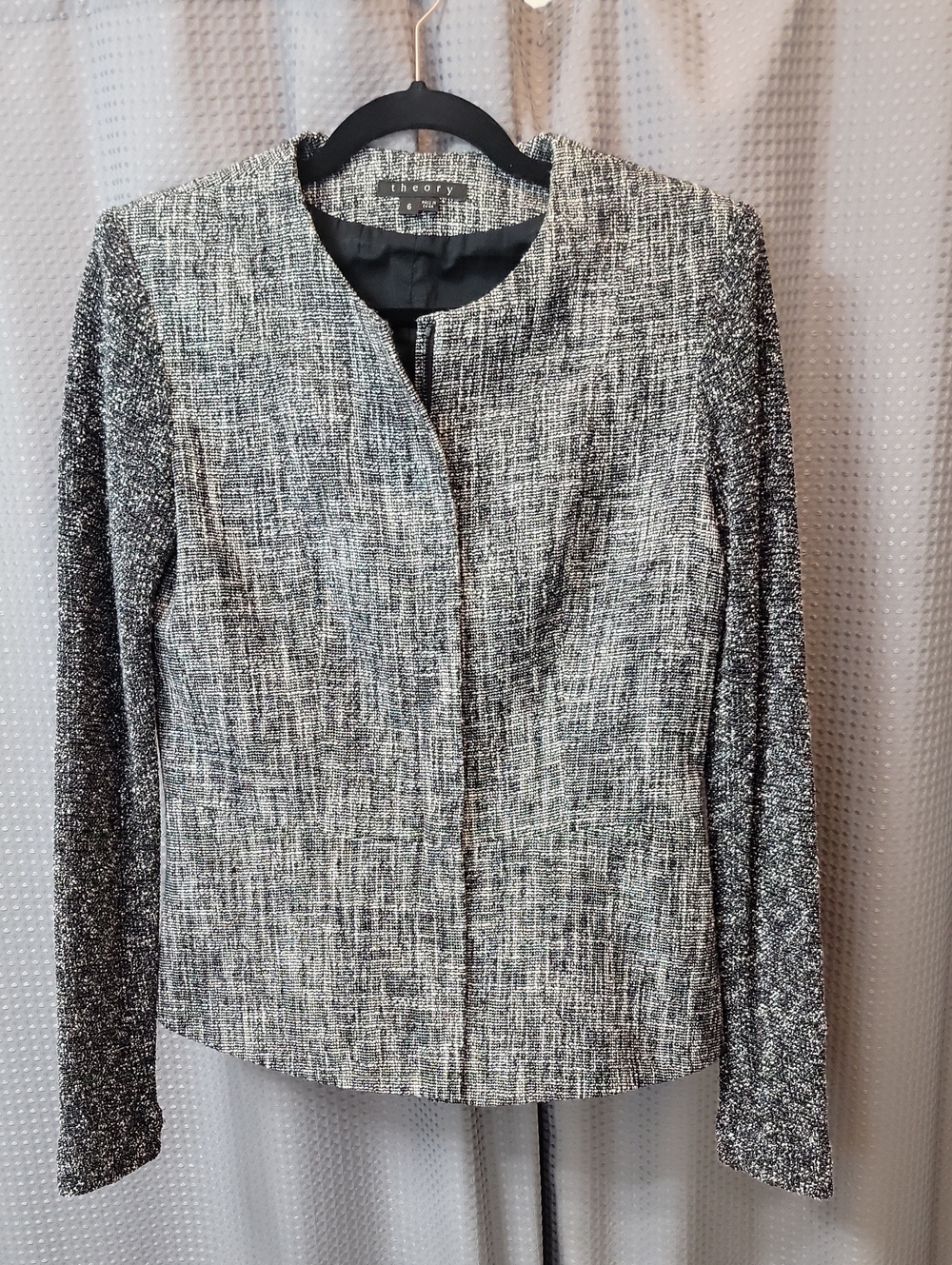 Theory Black and White Tweed Collarless Blazer Size 6